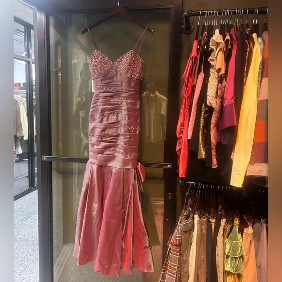 xcite y2k purple silver iridescent beaded prom dress maxi fluted bow pink - Picture 2 of 13